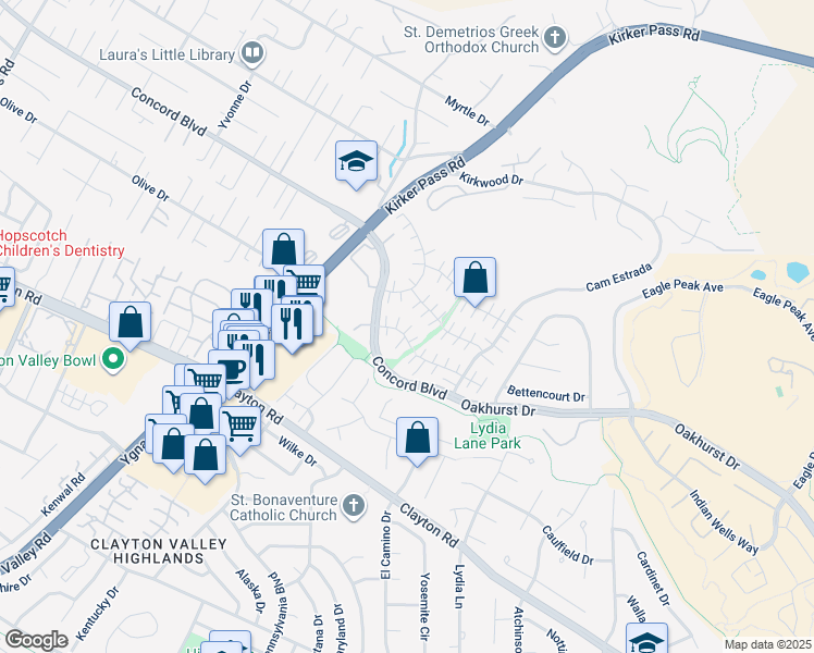 map of restaurants, bars, coffee shops, grocery stores, and more near 1821 Alicante Court in Concord