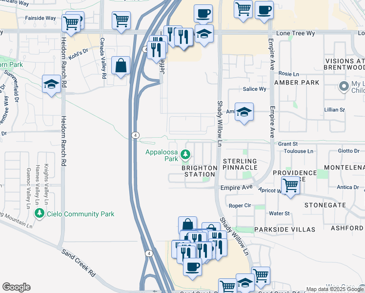 map of restaurants, bars, coffee shops, grocery stores, and more near 1909 Red Rock Road in Brentwood