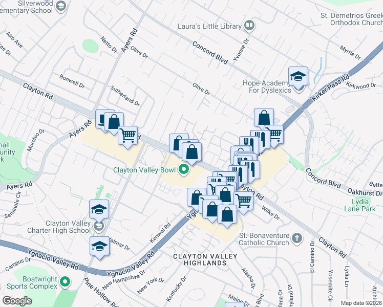 map of restaurants, bars, coffee shops, grocery stores, and more near 5356 Clayton Road in Concord