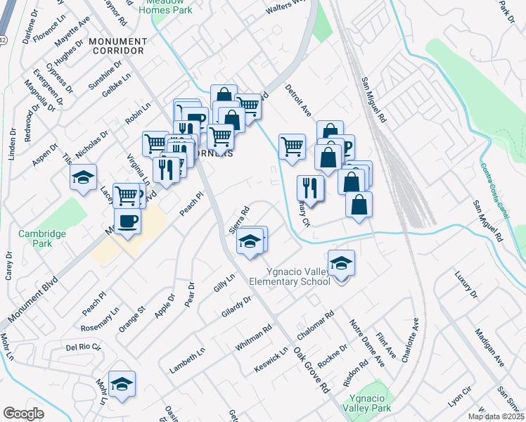 map of restaurants, bars, coffee shops, grocery stores, and more near 1036 Oak Grove Road in Concord
