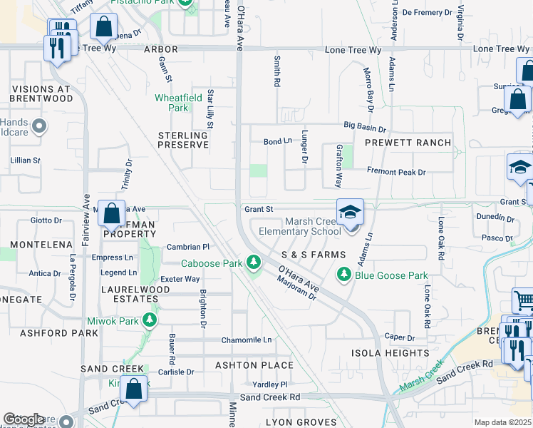 map of restaurants, bars, coffee shops, grocery stores, and more near 1121 Lavender Drive in Brentwood