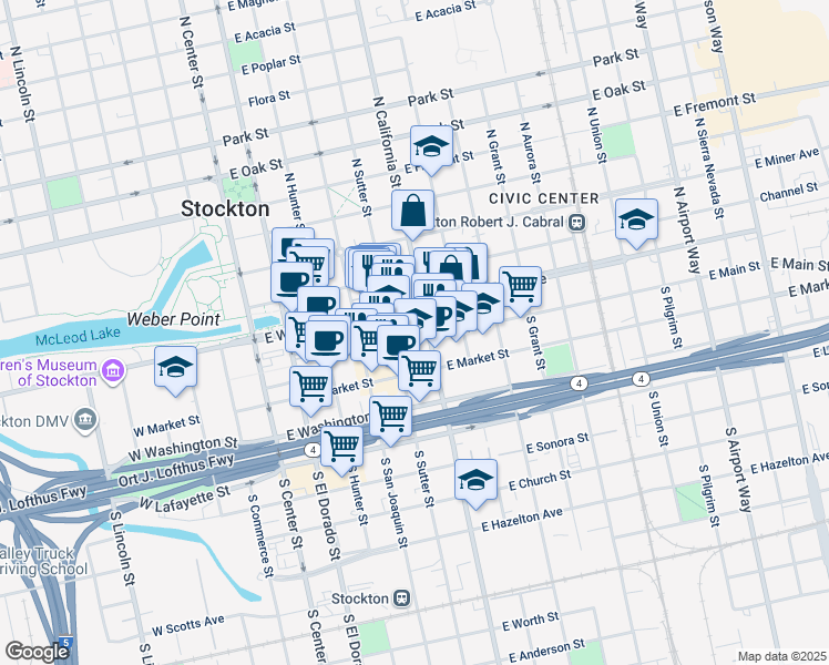 map of restaurants, bars, coffee shops, grocery stores, and more near 431 East Main Street in Stockton