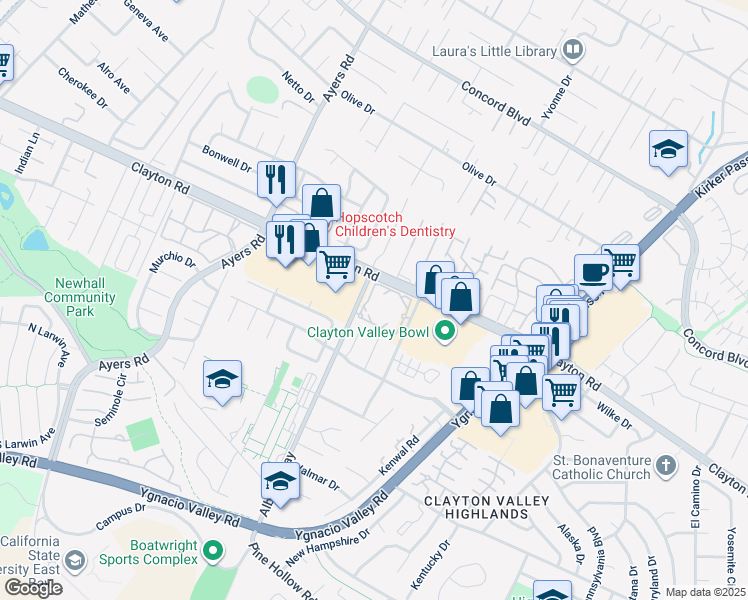 map of restaurants, bars, coffee shops, grocery stores, and more near 1479 Balhan Drive in Concord