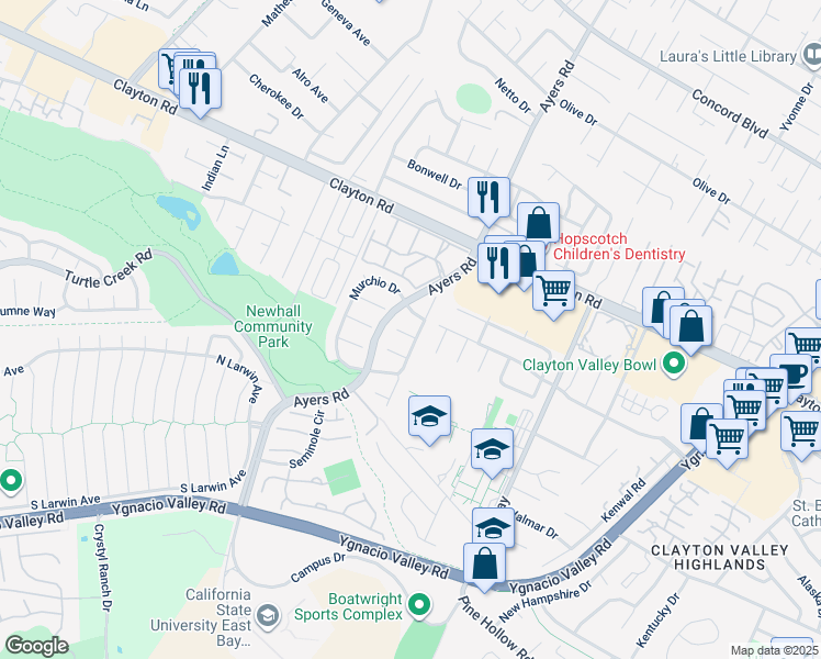map of restaurants, bars, coffee shops, grocery stores, and more near 5091 Saint Celestine Court in Concord