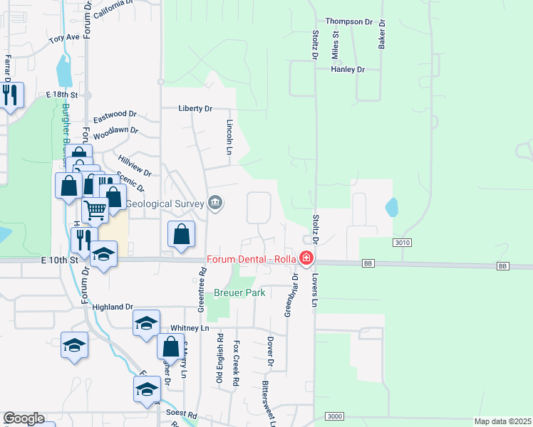 map of restaurants, bars, coffee shops, grocery stores, and more near 1546 Timber Creek Road in Rolla