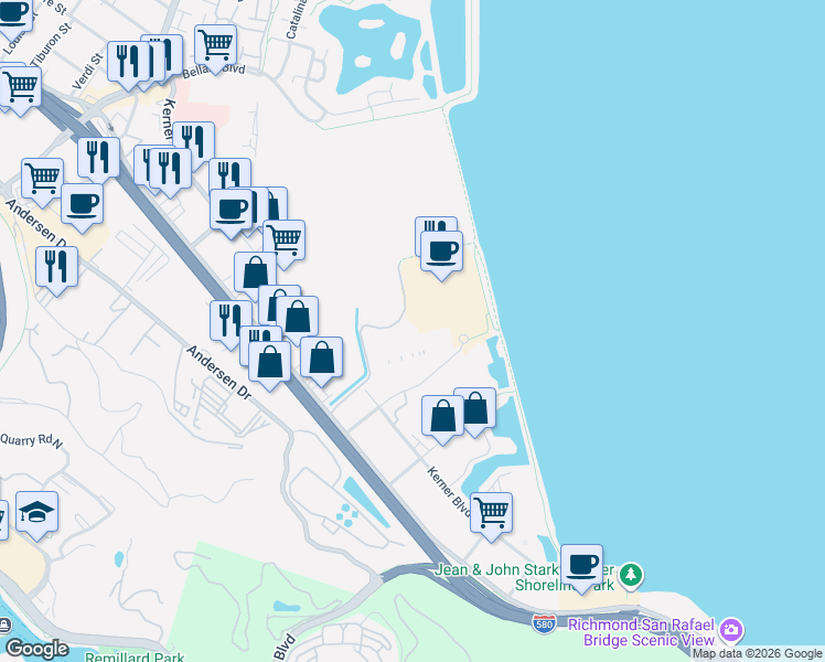 map of restaurants, bars, coffee shops, grocery stores, and more near 29 in San Rafael