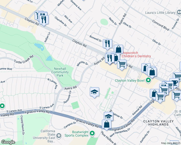 map of restaurants, bars, coffee shops, grocery stores, and more near 5091 Saint Celestine Court in Concord