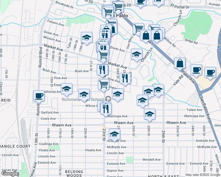map of restaurants, bars, coffee shops, grocery stores, and more near 2332 Emeric Avenue in Richmond