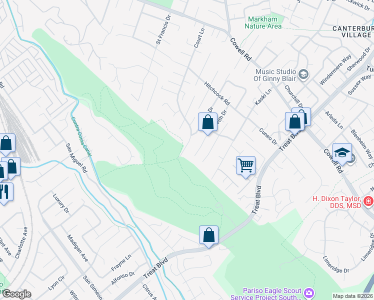 map of restaurants, bars, coffee shops, grocery stores, and more near 725 Court Lane in Concord