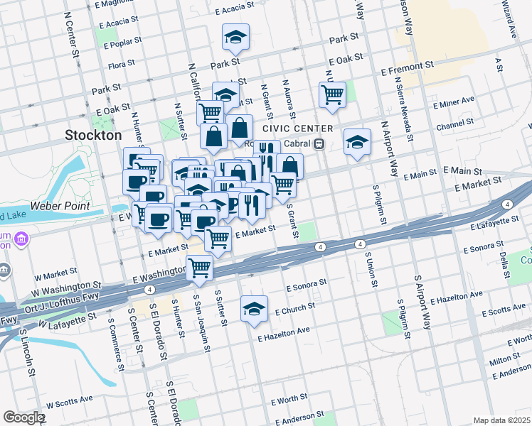 map of restaurants, bars, coffee shops, grocery stores, and more near 648 East Main Street in Stockton