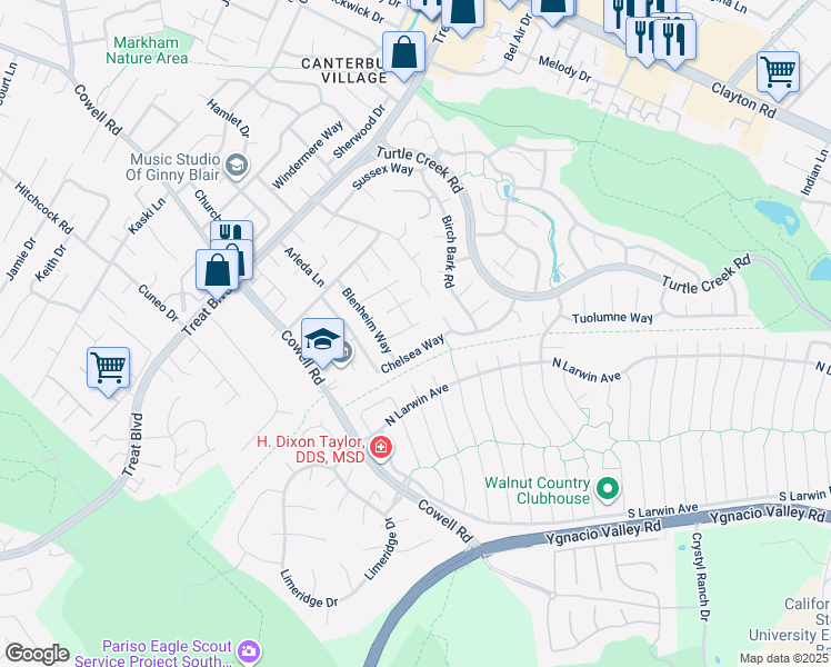 map of restaurants, bars, coffee shops, grocery stores, and more near 1274 Stephanie Court in Concord