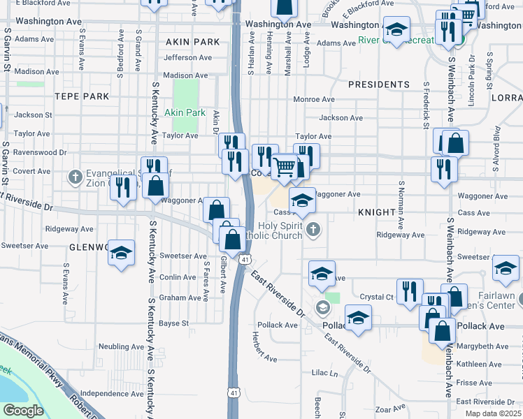 map of restaurants, bars, coffee shops, grocery stores, and more near 1701 Henning Avenue in Evansville