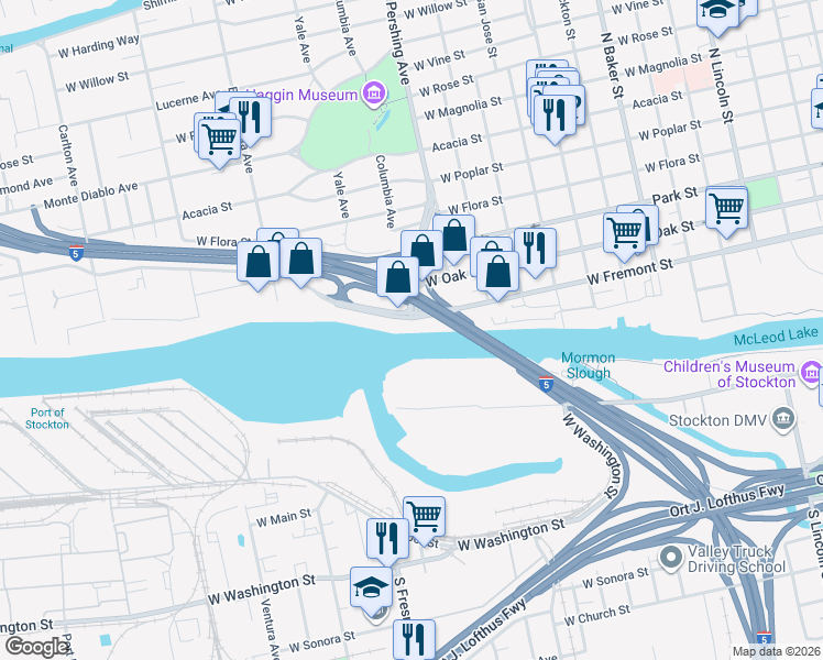 map of restaurants, bars, coffee shops, grocery stores, and more near 1550 West Fremont Street in Stockton