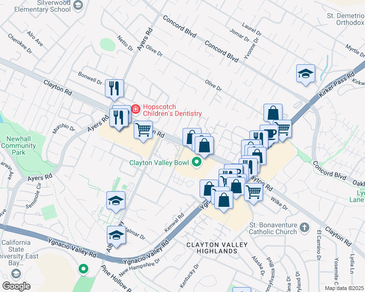 map of restaurants, bars, coffee shops, grocery stores, and more near 1467 Balhan Drive in Concord
