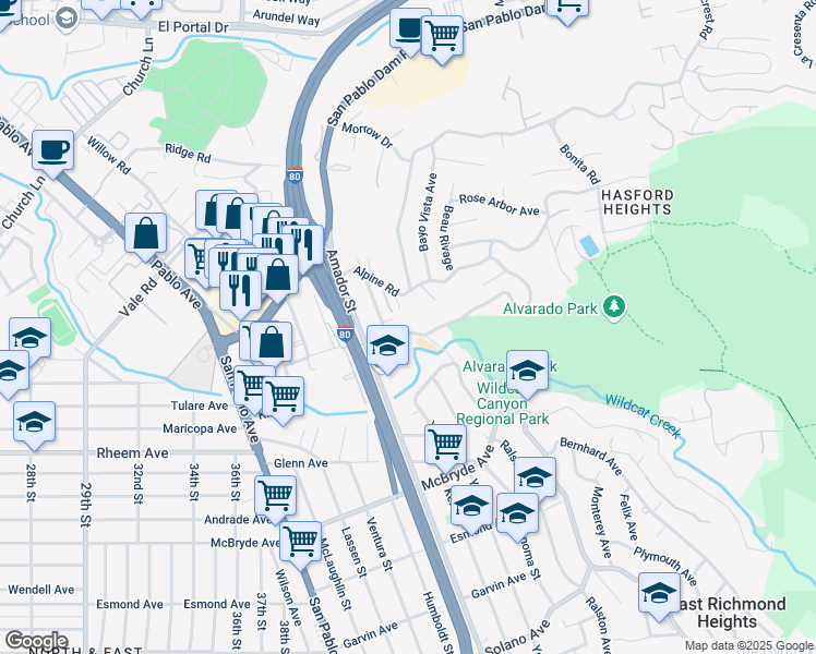 map of restaurants, bars, coffee shops, grocery stores, and more near 1466 Marin Avenue in San Pablo