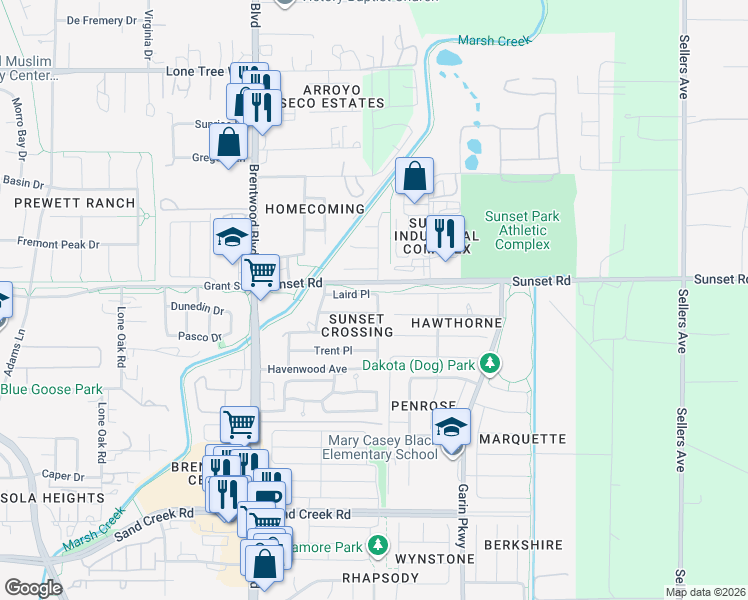 map of restaurants, bars, coffee shops, grocery stores, and more near 2002 Trailside Drive in Brentwood