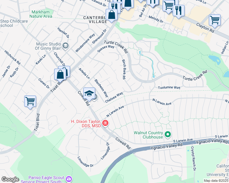 map of restaurants, bars, coffee shops, grocery stores, and more near 1274 Stephanie Court in Concord