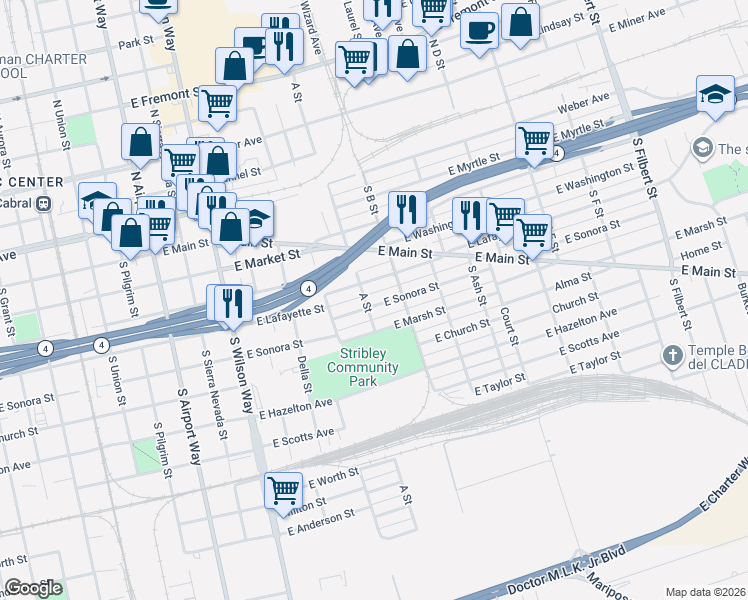 map of restaurants, bars, coffee shops, grocery stores, and more near 1940 East Lafayette Street in Stockton