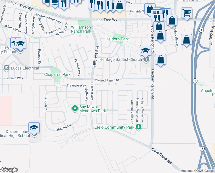 map of restaurants, bars, coffee shops, grocery stores, and more near 5559 Sunview Court in Antioch