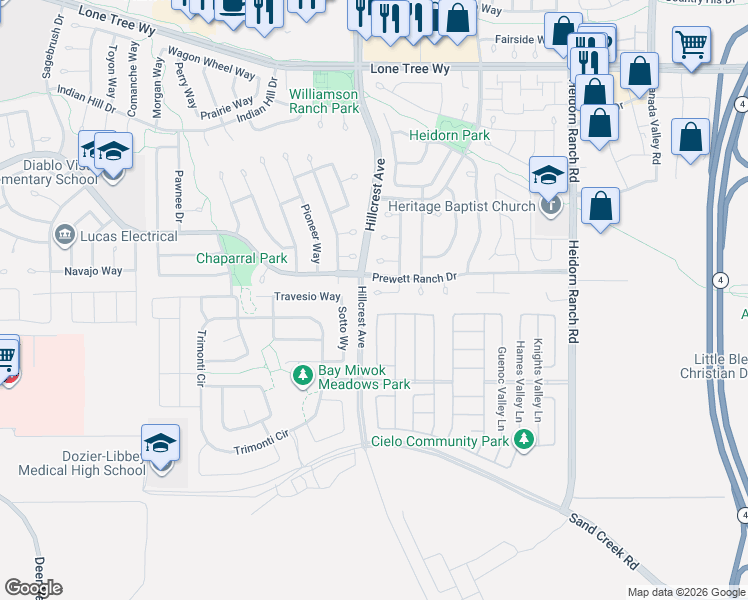 map of restaurants, bars, coffee shops, grocery stores, and more near 5583 Sunview Court in Antioch