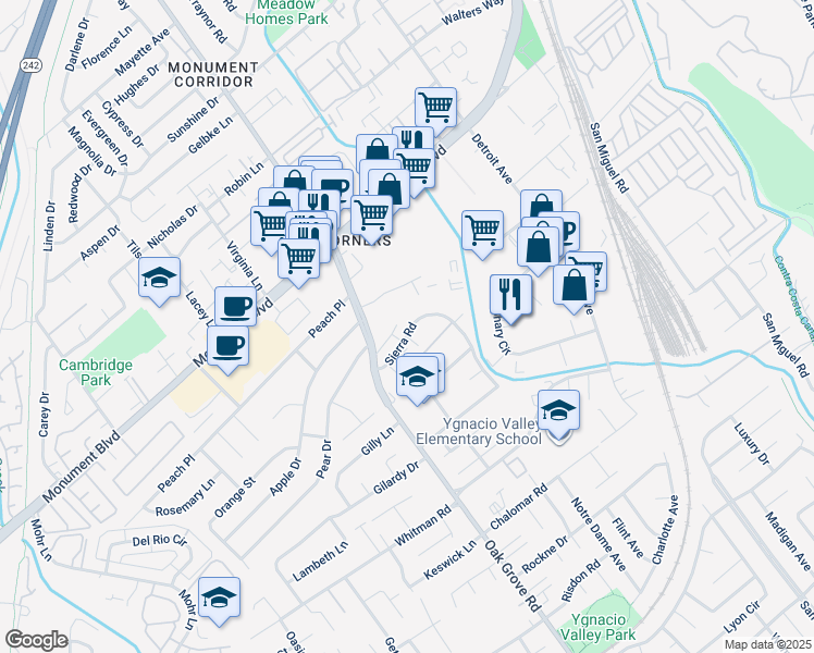 map of restaurants, bars, coffee shops, grocery stores, and more near 2039 Sierra Road in Concord