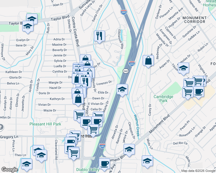 map of restaurants, bars, coffee shops, grocery stores, and more near 153 Lorenzo Drive in Pleasant Hill