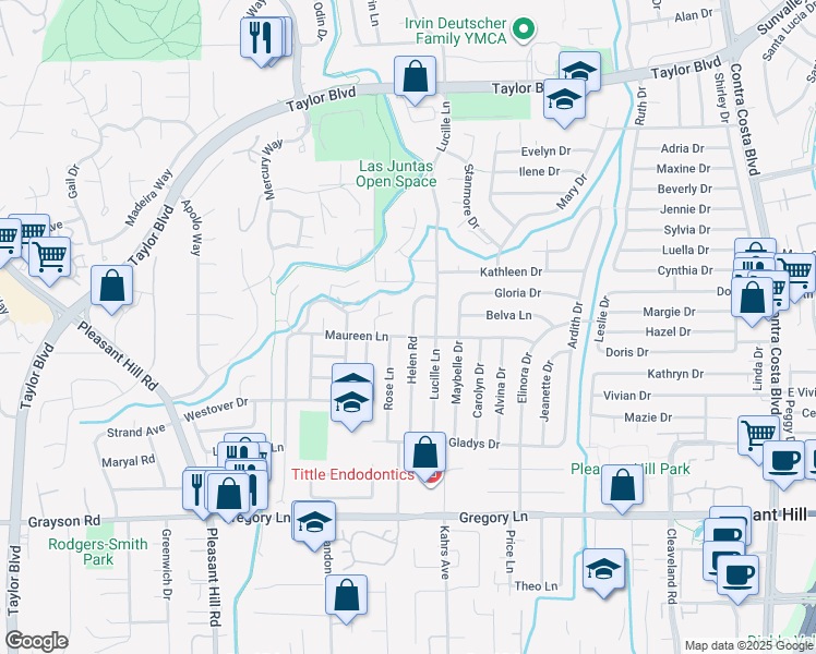 map of restaurants, bars, coffee shops, grocery stores, and more near 1872 Helen Road in Pleasant Hill