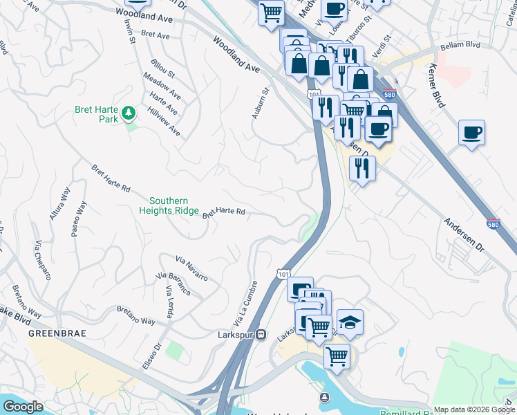 map of restaurants, bars, coffee shops, grocery stores, and more near 4 Oakhurst Road in San Rafael