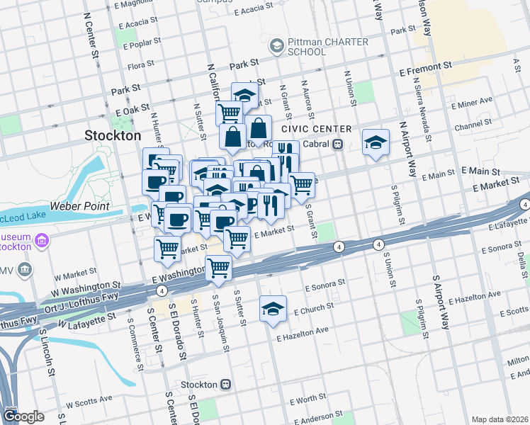 map of restaurants, bars, coffee shops, grocery stores, and more near 2 South American Street in Stockton