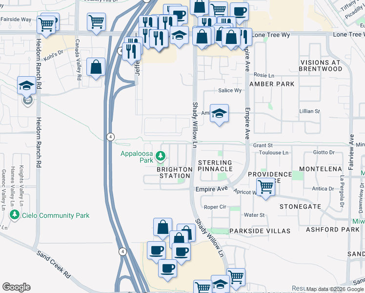 map of restaurants, bars, coffee shops, grocery stores, and more near 2472 Grant Street in Brentwood