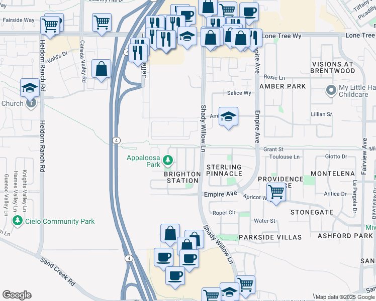 map of restaurants, bars, coffee shops, grocery stores, and more near 2474 Grant Street in Brentwood