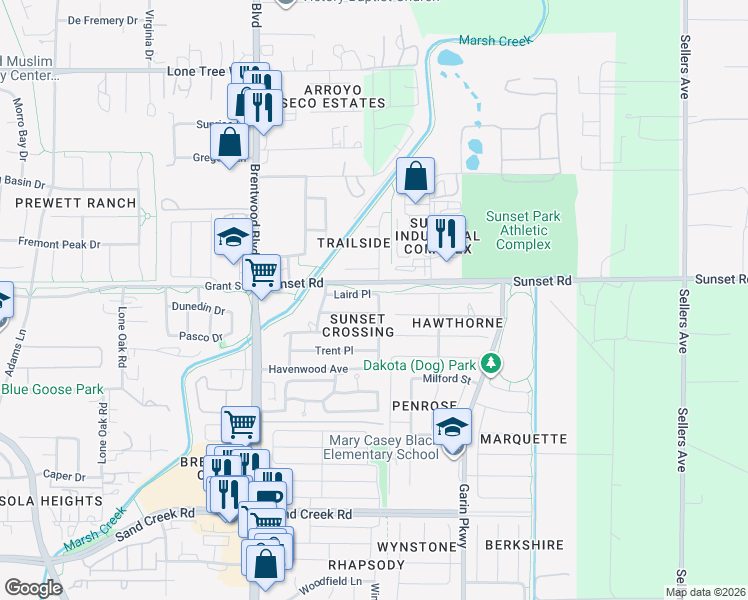 map of restaurants, bars, coffee shops, grocery stores, and more near 252 Laird Place in Brentwood