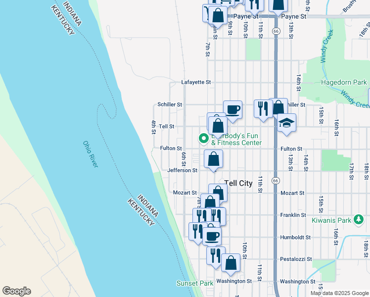 map of restaurants, bars, coffee shops, grocery stores, and more near 900 6th Street in Tell City