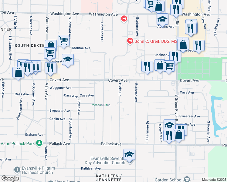 map of restaurants, bars, coffee shops, grocery stores, and more near 1614 Jeanette Avenue in Evansville