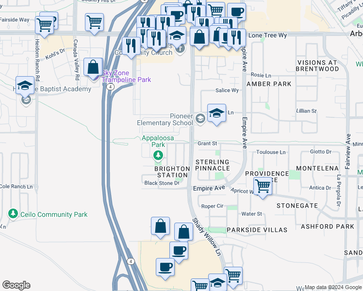 map of restaurants, bars, coffee shops, grocery stores, and more near 2470 Grant Street in Brentwood