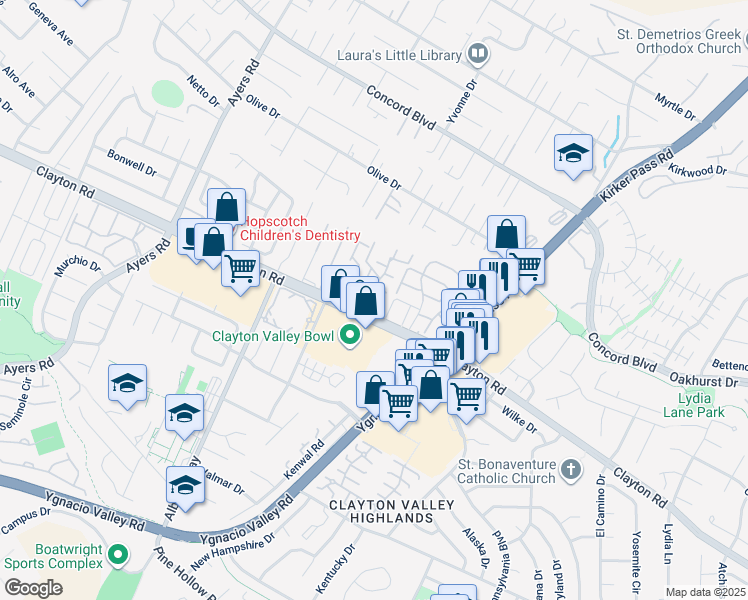 map of restaurants, bars, coffee shops, grocery stores, and more near 1515 Schenone Court in Concord