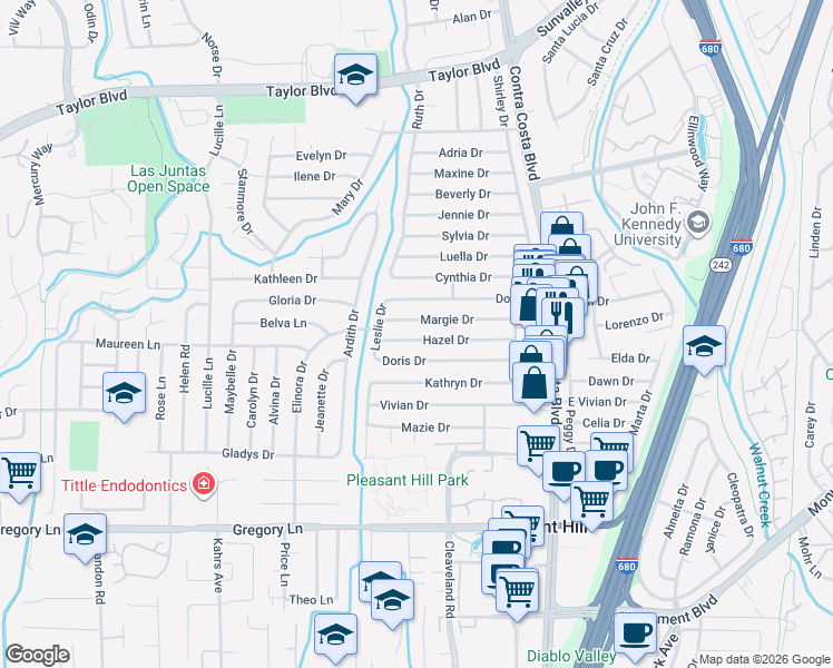 map of restaurants, bars, coffee shops, grocery stores, and more near 184 Hazel Drive in Pleasant Hill
