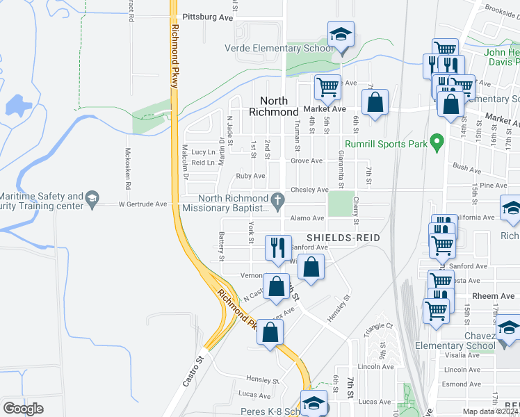 map of restaurants, bars, coffee shops, grocery stores, and more near 218 Gertrude Avenue in Richmond