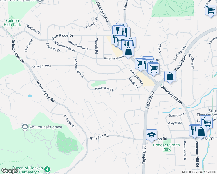 map of restaurants, bars, coffee shops, grocery stores, and more near 61 Banbridge Place in Pleasant Hill