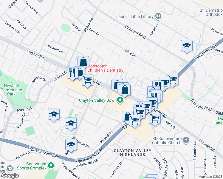 map of restaurants, bars, coffee shops, grocery stores, and more near 1491 Balhan Drive in Concord