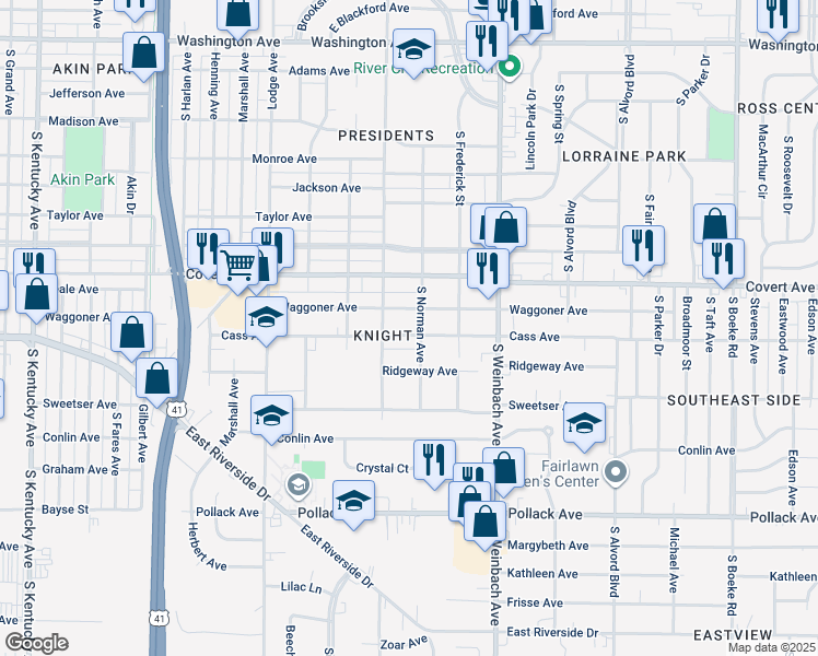 map of restaurants, bars, coffee shops, grocery stores, and more near 1808 Waggoner Avenue in Evansville