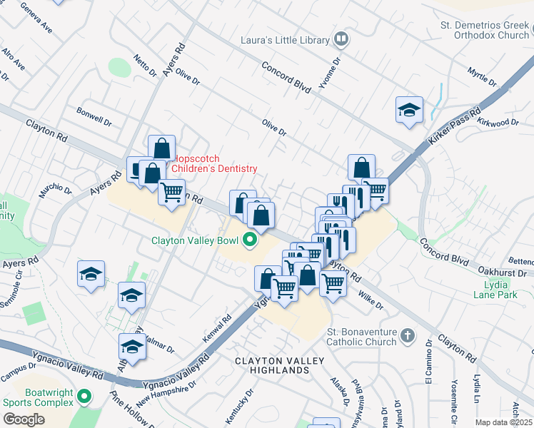 map of restaurants, bars, coffee shops, grocery stores, and more near 1515 Schenone Court in Concord