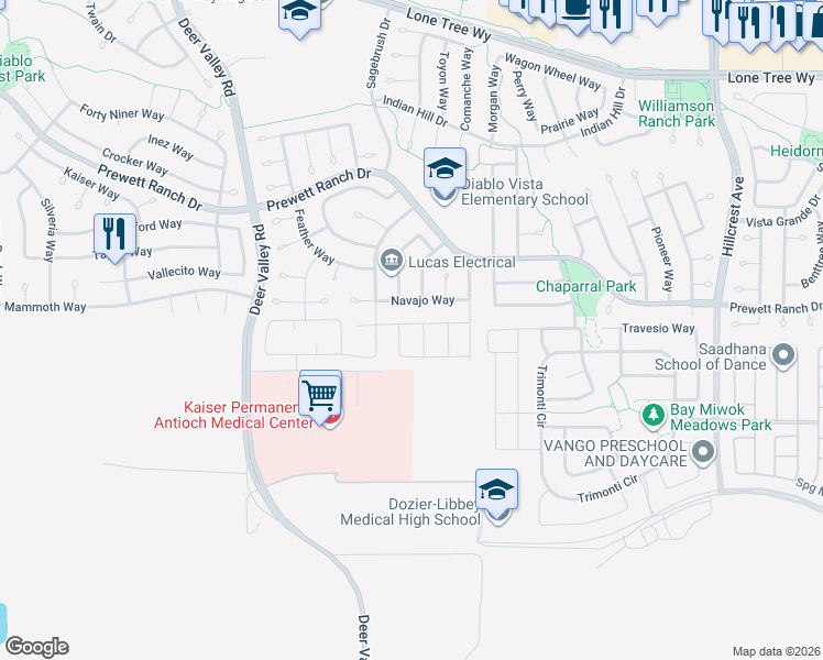 map of restaurants, bars, coffee shops, grocery stores, and more near 5320 Cardinal Street in Antioch