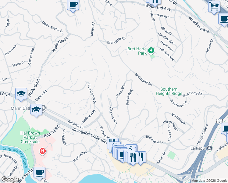 map of restaurants, bars, coffee shops, grocery stores, and more near 31 Cielo Drive in Larkspur