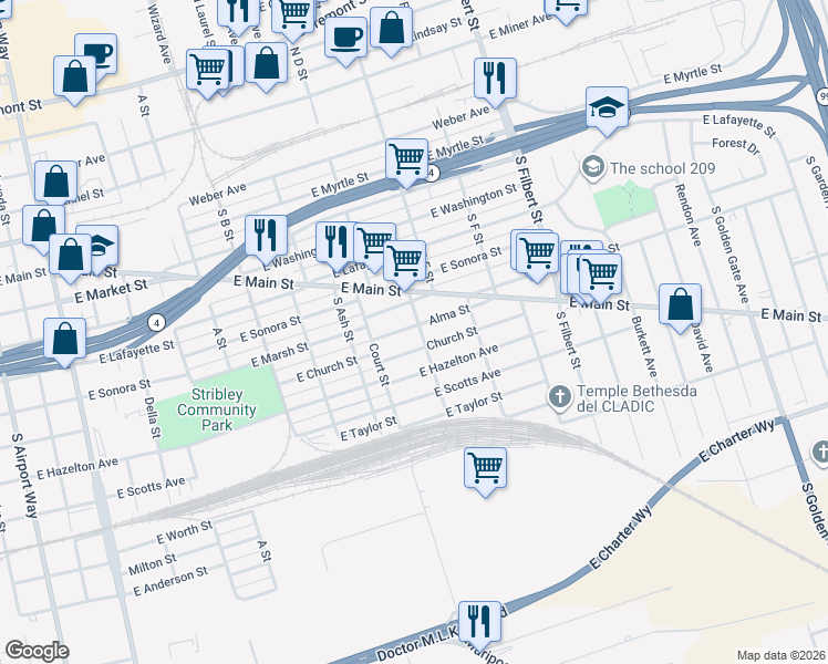map of restaurants, bars, coffee shops, grocery stores, and more near 2315 Alma Street in Stockton