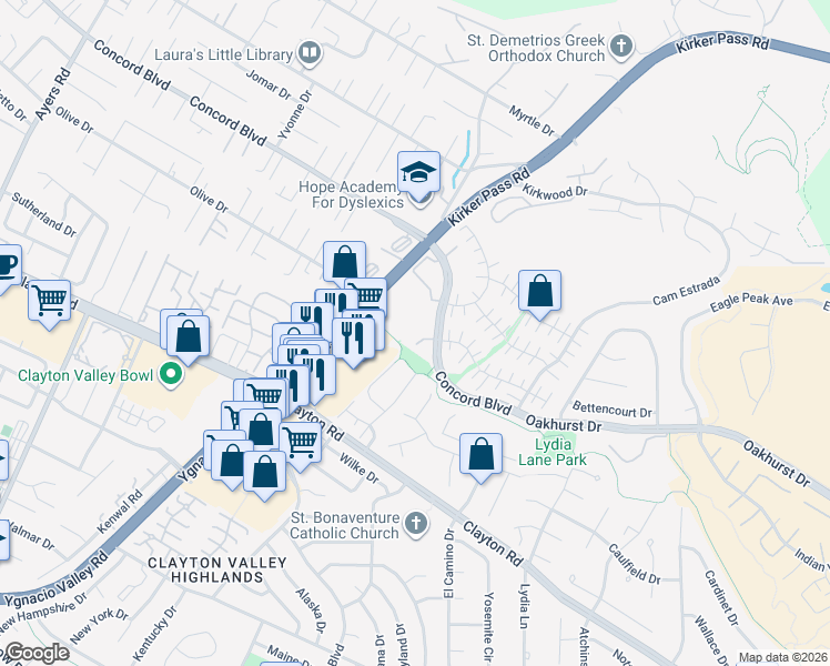 map of restaurants, bars, coffee shops, grocery stores, and more near 1738 Kirker Pass Road in Clayton