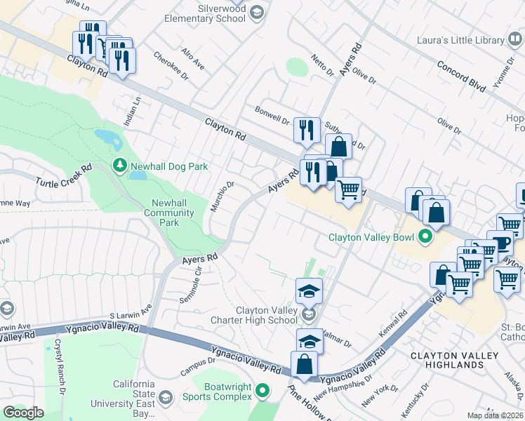 map of restaurants, bars, coffee shops, grocery stores, and more near 1417 Garaventa Court in Concord