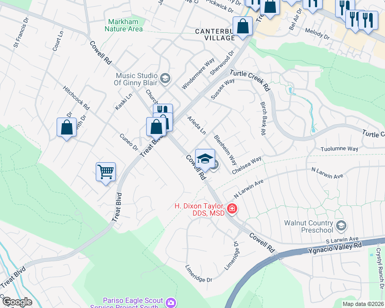map of restaurants, bars, coffee shops, grocery stores, and more near 4375 Saint Charles Place in Concord