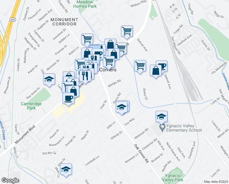 map of restaurants, bars, coffee shops, grocery stores, and more near 1050 Oak Grove Road in Concord