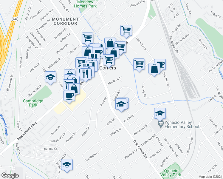 map of restaurants, bars, coffee shops, grocery stores, and more near 1050 Oak Grove Road in Concord